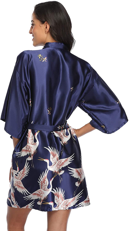 Original Kimono Women'S Floral Crane Kimono Robe Short Silky Sleepwear plus Size Satin Spa Party Dressing Gown Apparel & Accessories > Clothing > Sleepwear & Loungewear > Robes Original Kimono   