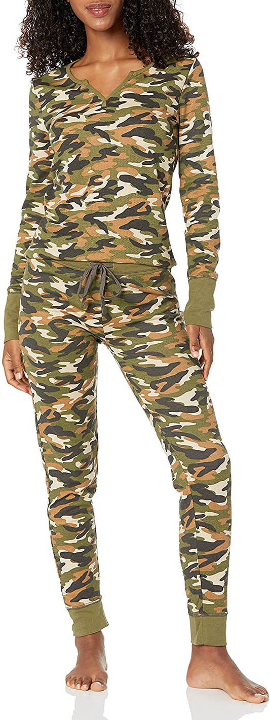 Mae Women's Vintage Thermal Henley Long Sleeve Top with Jogger Pajama Set Apparel & Accessories > Clothing > Sleepwear & Loungewear > Pajamas Mae Army Camo Large 