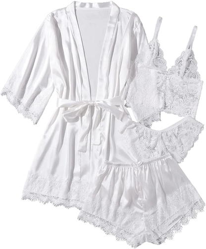 WDIRARA Women'S 4 Pieces Satin Floral Lace Cami Top Lingerie Pajama Set with Robe Apparel & Accessories > Clothing > Underwear & Socks > Lingerie WDIRARA Snow White X-Large 