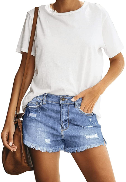 Luvamia Women'S Casual Mid Rise Denim Shorts Stretch Ripped Raw Hem Jean Shorts Apparel & Accessories > Clothing > Shorts Kylie Max   
