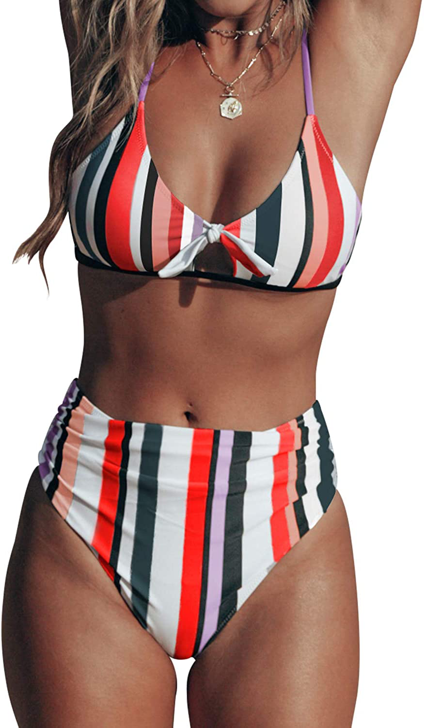 CUPSHE Women's Stripe Bikini Bowknot Shirred Swimsuit Apparel & Accessories > Clothing > Swimwear KYLIE MAX Red White Medium 