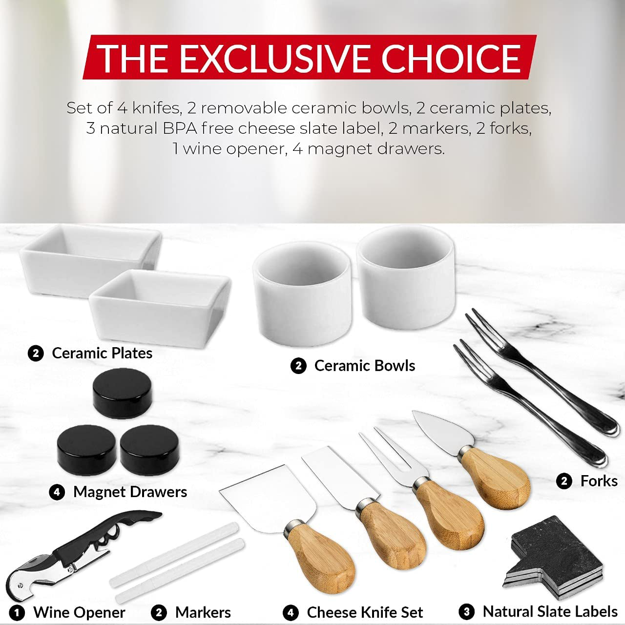 Cheese Board 2 Ceramic Bowls 2 Serving Plates. Magnetic 4 Drawers Bamboo Charcuterie Cutlery Knife Set, 2 Server Forks, Wine Opener, Labels, Markers, Gift for Birthdays, Wedding Registry,Housewarming Arts & Entertainment > Party & Celebration > Gift Giving House Ur Home   
