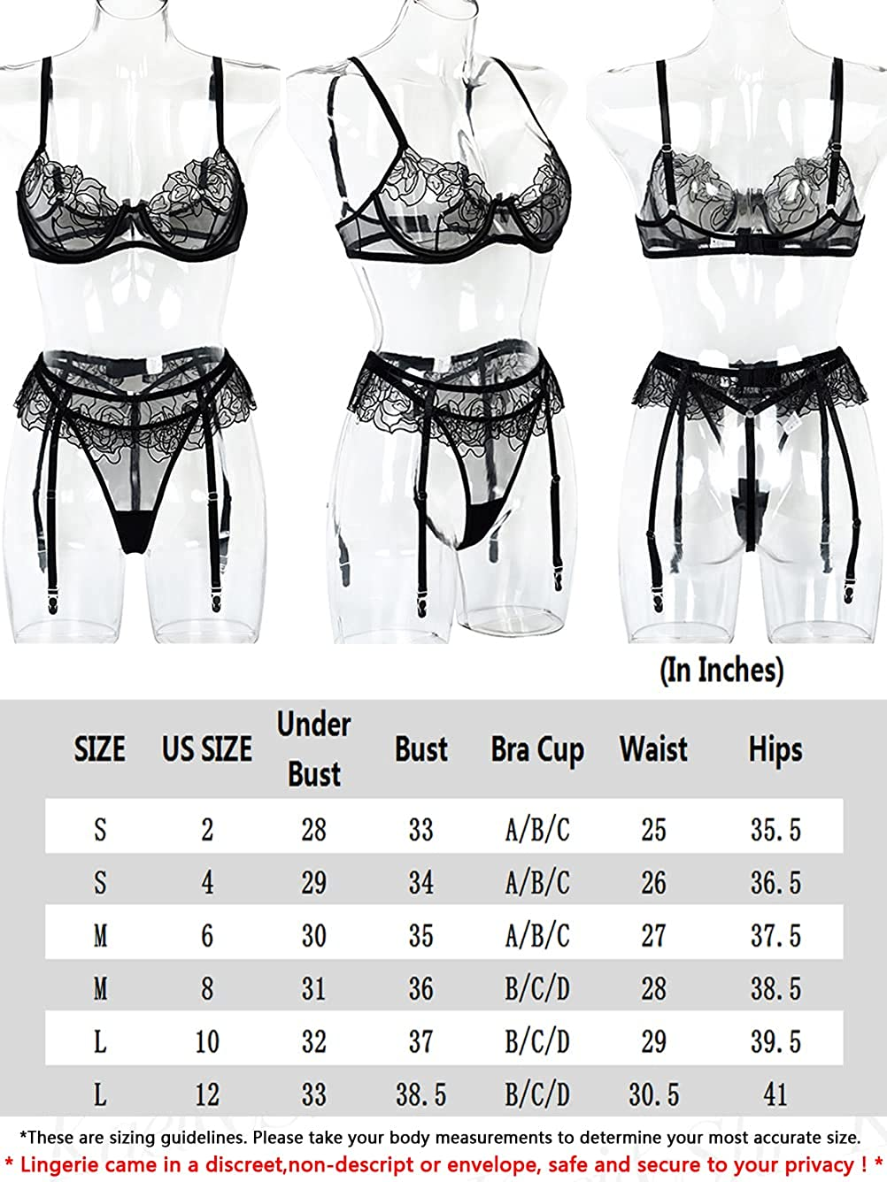 Kaei&Shi Embroidered Lace Sheer,Underwire,G-String,3 Piece,Garter Lingerie Set Apparel & Accessories > Clothing > Underwear & Socks > Lingerie Kaei&Shi   