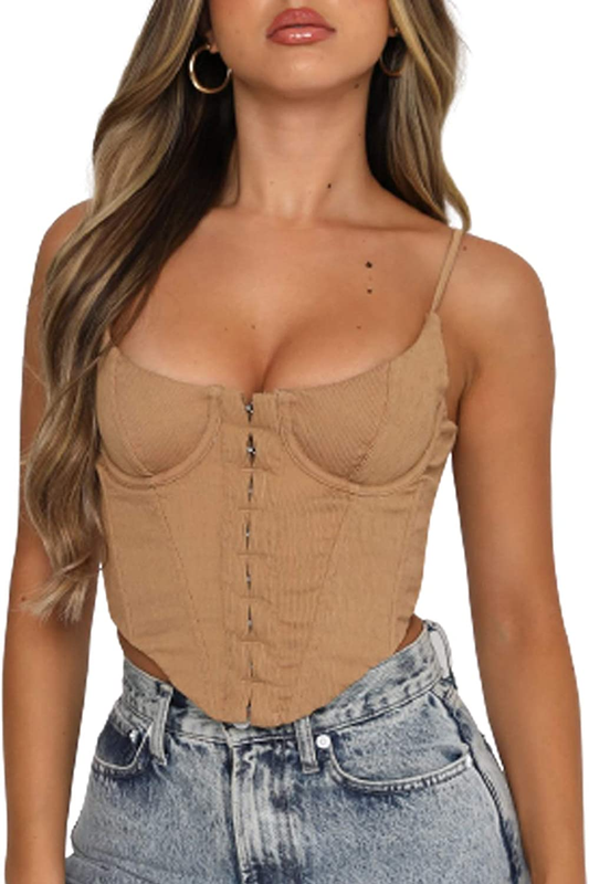 Women Corset Crop Top Sexy Spaghetti Strap PU Leather Bustier Push up Cami Tank Top Vintage Clubwear Apparel & Accessories > Clothing > Underwear & Socks > Lingerie N/ D Brown 4 X-Large 