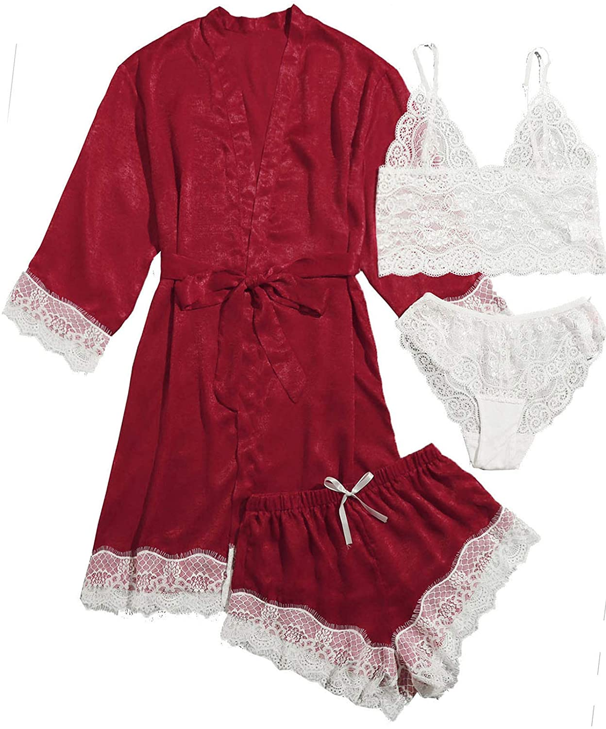 WDIRARA Women'S 4 Pieces Satin Floral Lace Cami Top Lingerie Pajama Set with Robe Apparel & Accessories > Clothing > Underwear & Socks > Lingerie WDIRARA Burgundy Solid Medium 