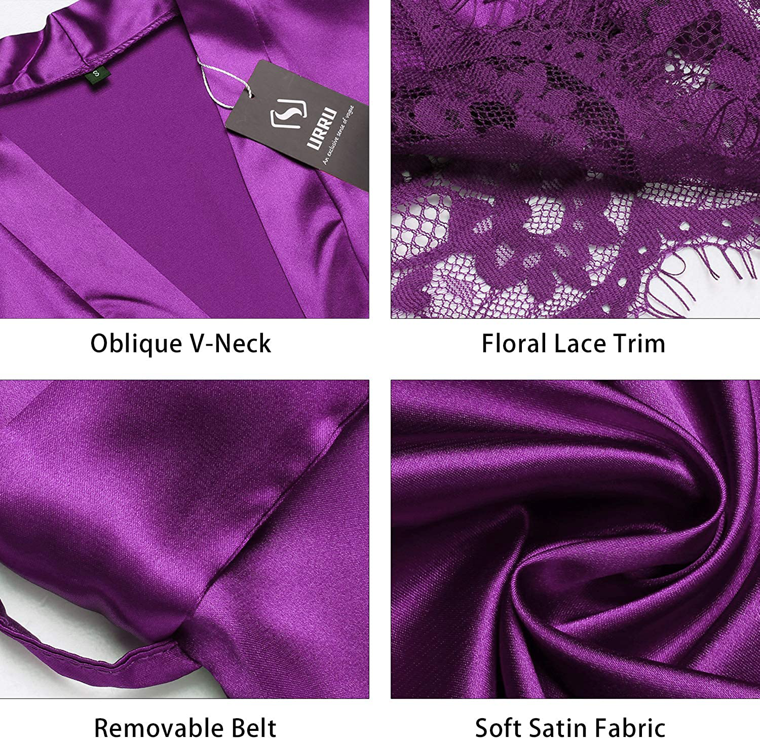 URRU Women'S Satin Silk Bathrobe Oblique V-Neck Short Kimono Robe Bridesmaids Robe S-XXXL Apparel & Accessories > Clothing > Sleepwear & Loungewear > Robes KYLIE MAX   