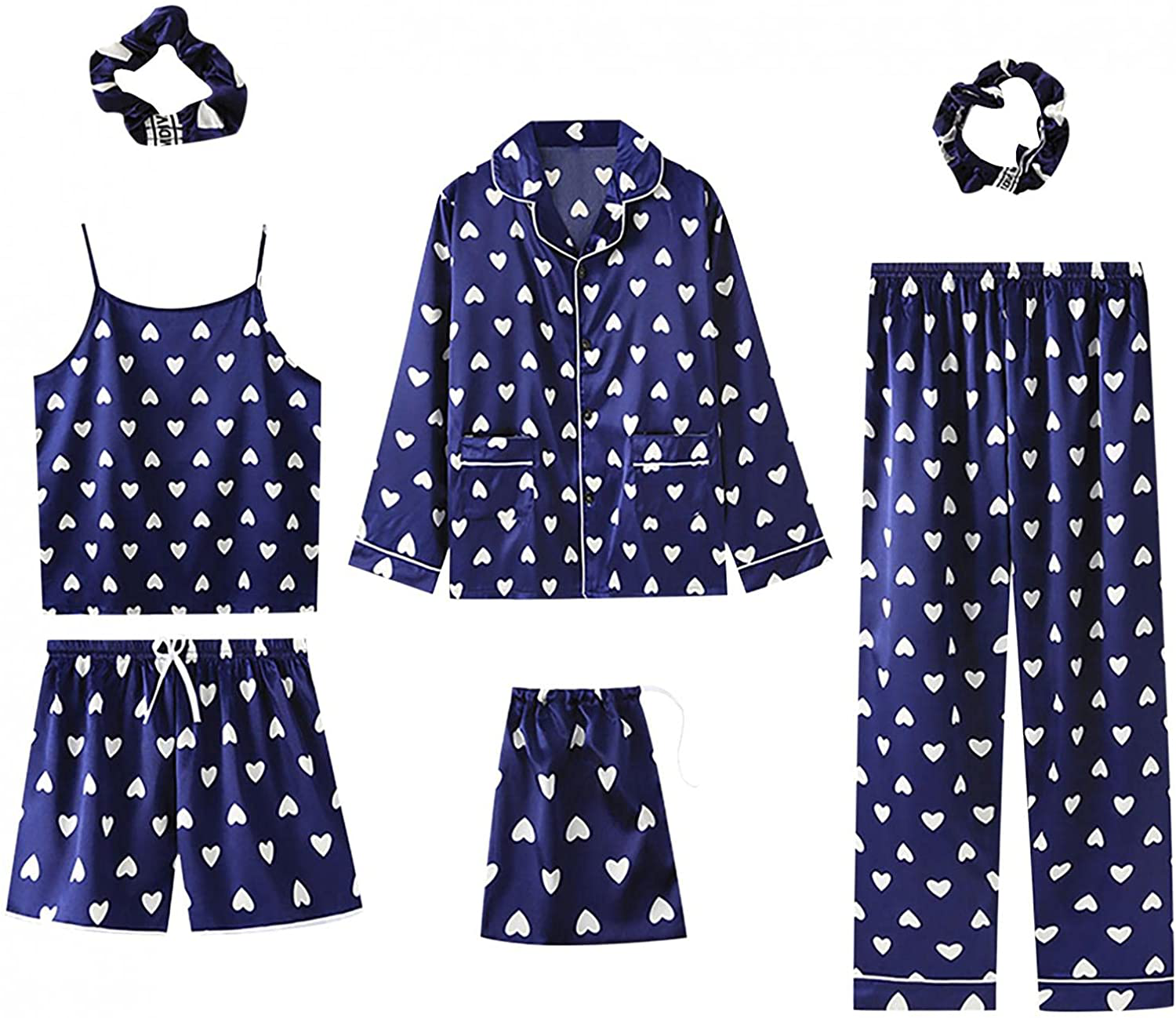 Women'S 7 Piece Print Pajama Set Satin Pajamas Set Sleepwear Sexy Cami Pjs with Button down Long Sleeve Shirt and Eye Mask Apparel & Accessories > Clothing > Sleepwear & Loungewear Kylie Max   