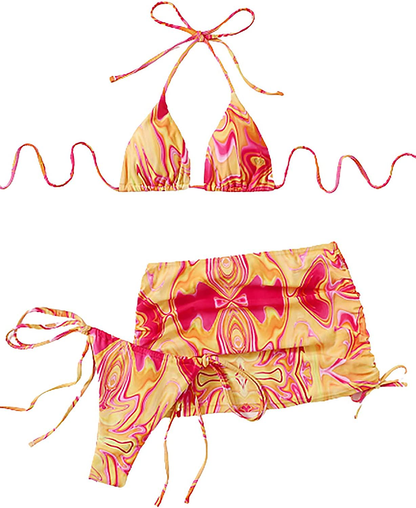 SOLY HUX Women's Wrap Triangle Bikini Bathing Suits with Mesh Beach Skirt 3 Piece Swimsuits Apparel & Accessories > Clothing > Swimwear KYLIE MAX Orange Color Block Tie Dye Small 