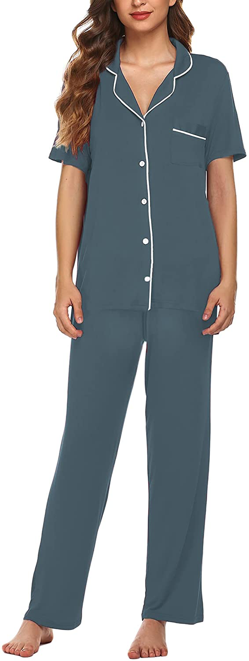 Avidlove Women Pajamas Set Notch Collar Soft Sleepwear Pjs Short Sleeve Button Down Nightwear with Long Pants Apparel & Accessories > Clothing > Sleepwear & Loungewear > Pajamas Avidlove N-dark Blue Gray XX-Large 