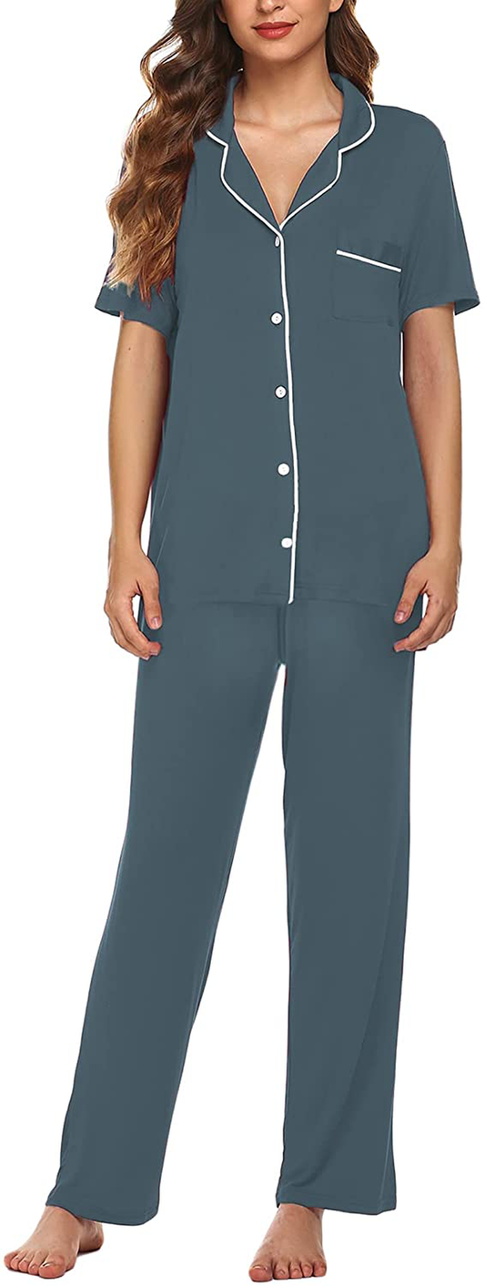 Avidlove Women Pajamas Set Notch Collar Soft Sleepwear Pjs Short Sleeve Button Down Nightwear with Long Pants Apparel & Accessories > Clothing > Sleepwear & Loungewear > Pajamas Avidlove N-dark Blue Gray XX-Large 