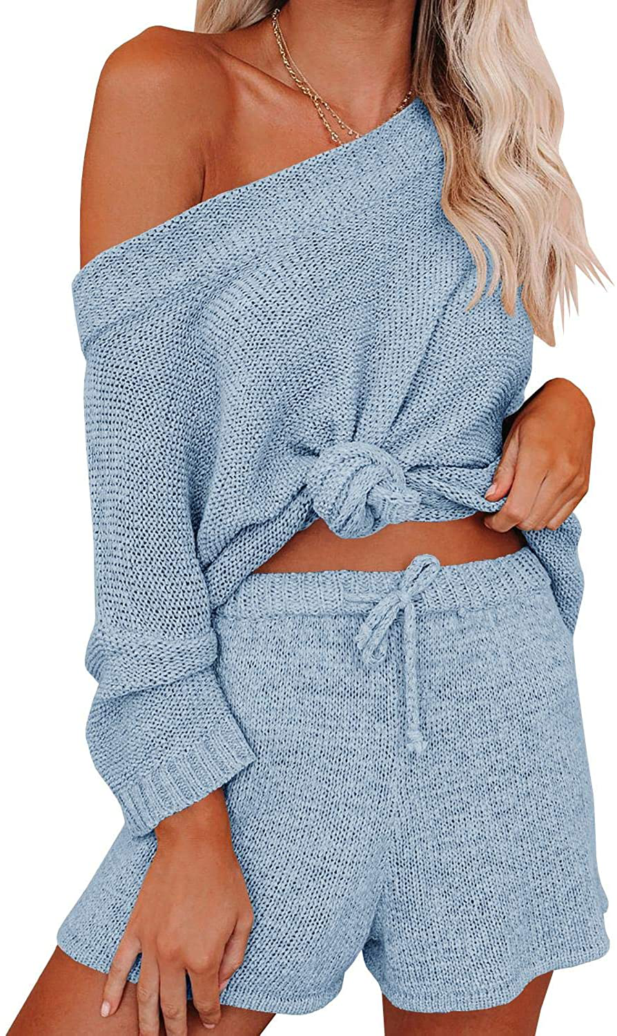 Ermonn Womens 2 Piece Outfits Sweater Sets off Shoulder Knit Tops Waist Short Suits Casual Pajama Set Apparel & Accessories > Clothing > Sleepwear & Loungewear Kylie Max   
