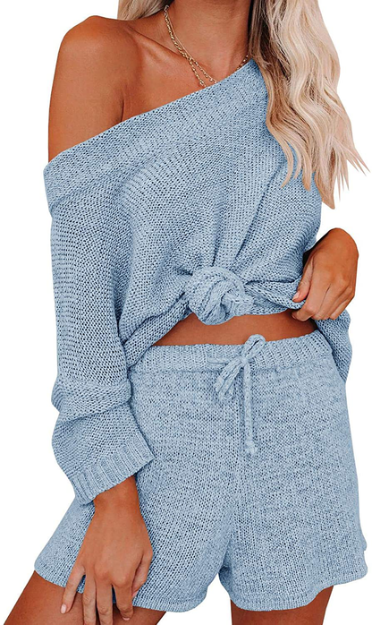 Ermonn Womens 2 Piece Outfits Sweater Sets off Shoulder Knit Tops Waist Short Suits Casual Pajama Set Apparel & Accessories > Clothing > Sleepwear & Loungewear Kylie Max   