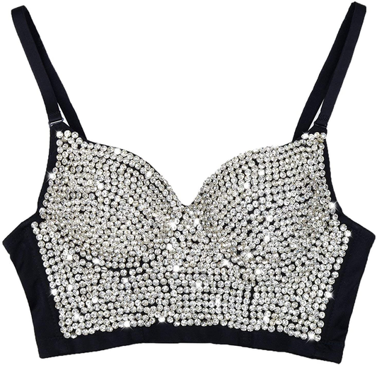 ELLACCI Women'S Rhinestone Diamond Push up Bustier Crop Top Sexy Punk Corset Bra Black Apparel & Accessories > Clothing > Underwear & Socks > Lingerie ELLACCI X-Small  