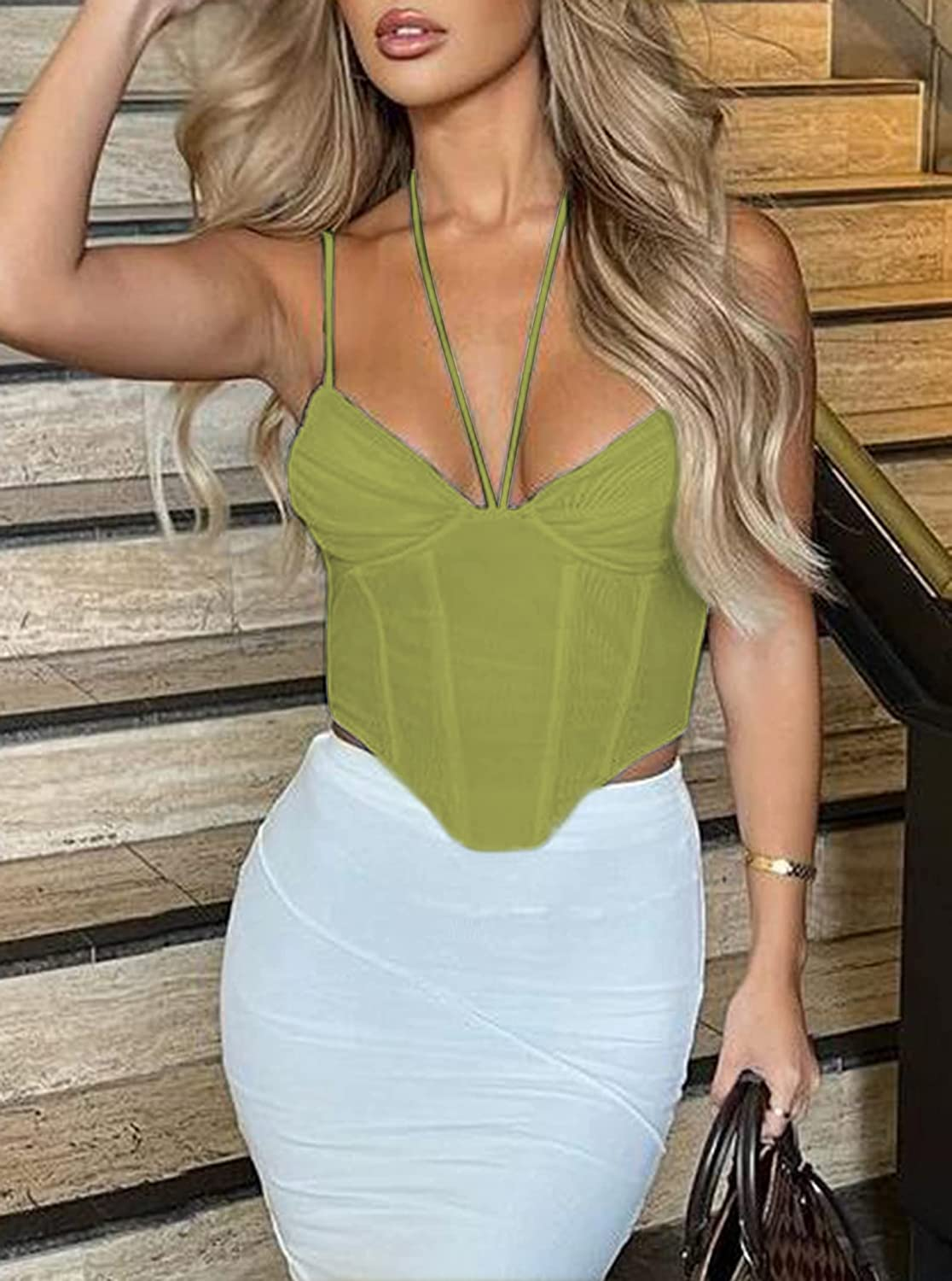 SOFIA'S CHOICE Women'S Halter Corset Crop Top Asymmetrical Hem Backless Sexy Mesh Camisole Apparel & Accessories > Clothing > Underwear & Socks > Lingerie SOFIA'S CHOICE   