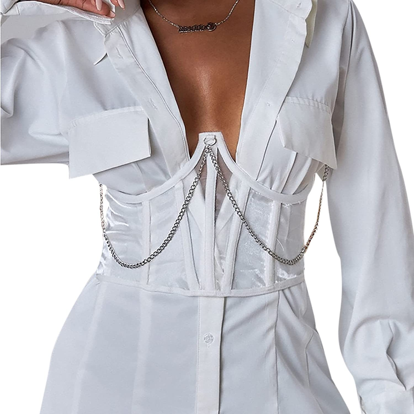 JUMISEE Women See through Mesh Lace up Bustier Corset Metal Chain Boned Overbust Waist Cincher Wide Belt Apparel & Accessories > Clothing > Underwear & Socks > Lingerie JUMISEE White Large 