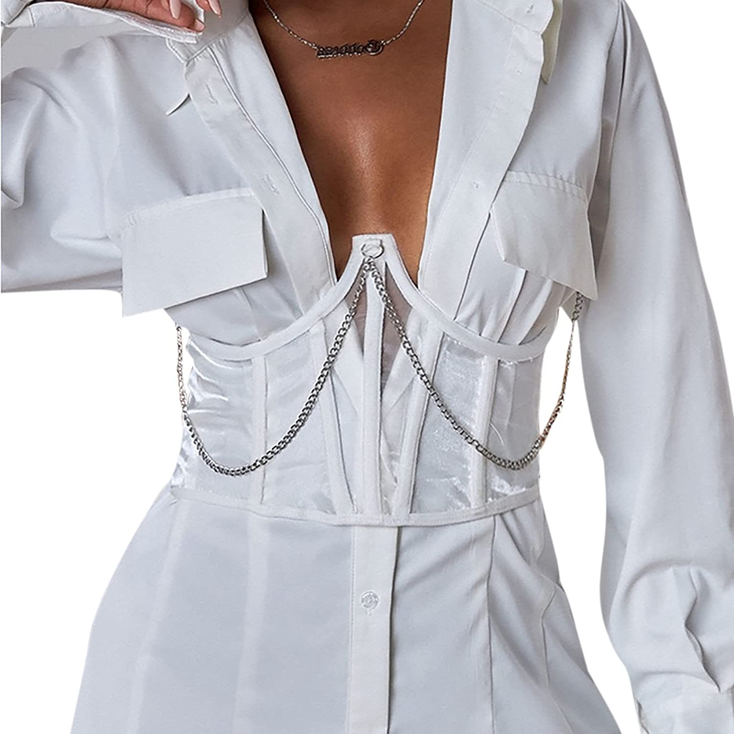 JUMISEE Women See through Mesh Lace up Bustier Corset Metal Chain Boned Overbust Waist Cincher Wide Belt Apparel & Accessories > Clothing > Underwear & Socks > Lingerie JUMISEE White Large 