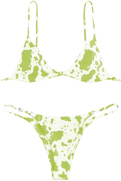 SOLY HUX Women's Print Tie Back Triangle Bikini Bathing Suits 2 Piece Swimsuits Apparel & Accessories > Clothing > Swimwear KYLIE MAX Cow White Green Small 