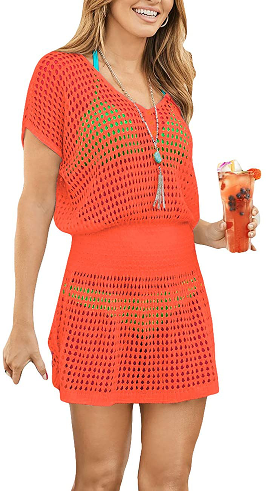 Bsubseach Women Crochet Hollow Out Swim Cover Ups Short Sleeve Beach Swimwear Tunic Dress Apparel & Accessories > Clothing > Swimwear Kylie Max   