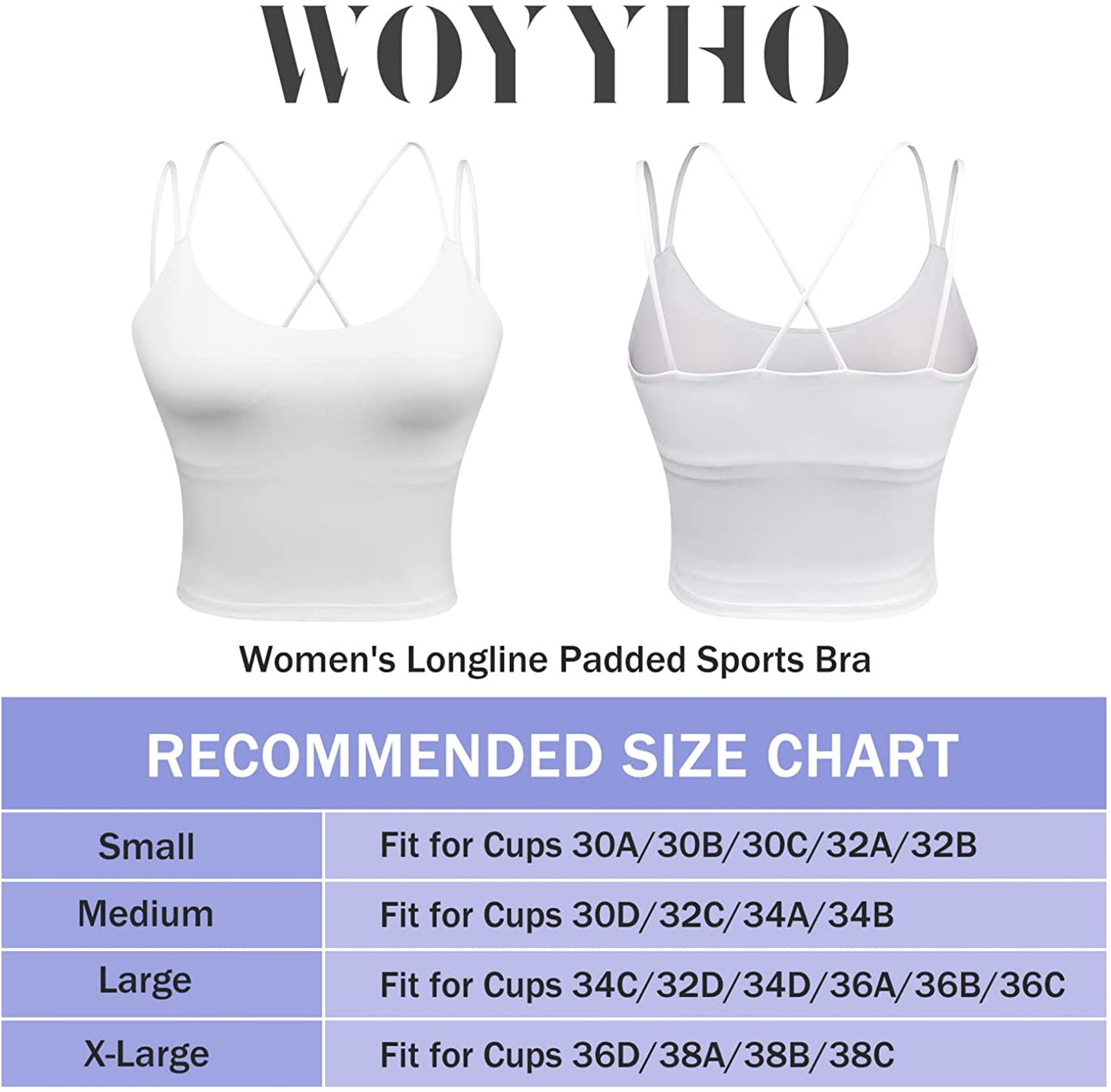 Women'S Longline Sports Bra Padded Strappy Yoga Bra Fitness Running Workout Crop Tank Top（2Pack） Apparel & Accessories > Clothing > Underwear & Socks > Bras Kylie Max   