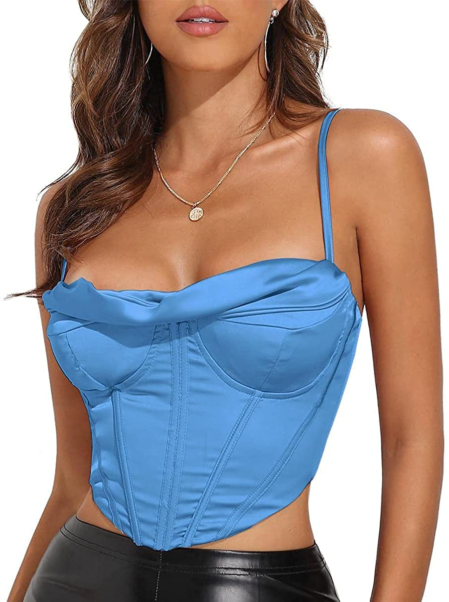 Modegal Women'S Satin Cowl Neck Fish Boned Zip Back Adjustable Spaghetti Straps Bustier Corset Crop Top Apparel & Accessories > Clothing > Underwear & Socks > Lingerie Modegal Blue 2-4 