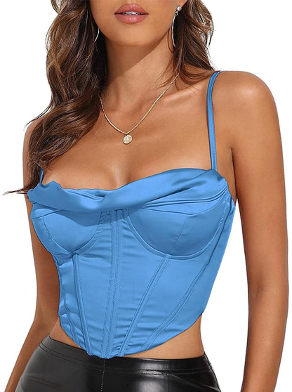 Modegal Women'S Satin Cowl Neck Fish Boned Zip Back Adjustable Spaghetti Straps Bustier Corset Crop Top Apparel & Accessories > Clothing > Underwear & Socks > Lingerie Modegal Blue 2-4 
