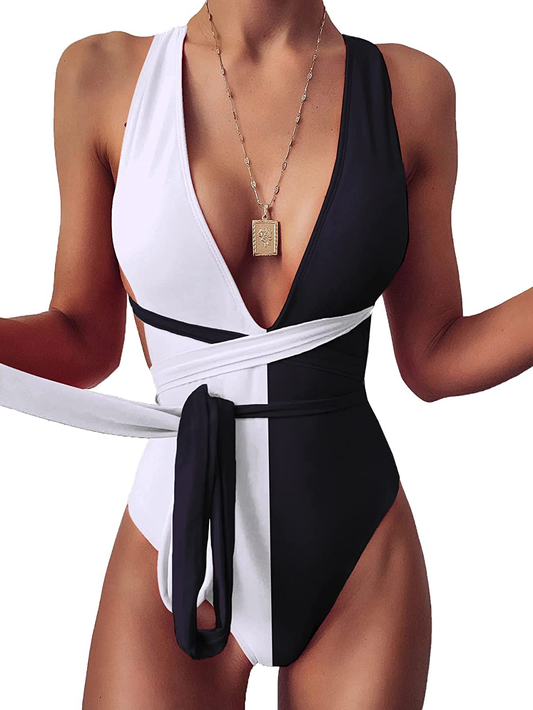 Lilosy Sexy Self Tie Criss Cross Plunge Backless High Cut Thong One Piece Swimsuit for Women Padded Bathing Suit Bikini Apparel & Accessories > Clothing > Swimwear Kylie Max   