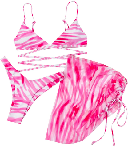 SOLY HUX Women'S Tie Dye Wrap Bikini Bathing Suits with Mesh Beach Skirt 3 Piece Swimsuits Apparel & Accessories > Clothing > Underwear & Socks > Lingerie KYLIE MAX Pink a Small 