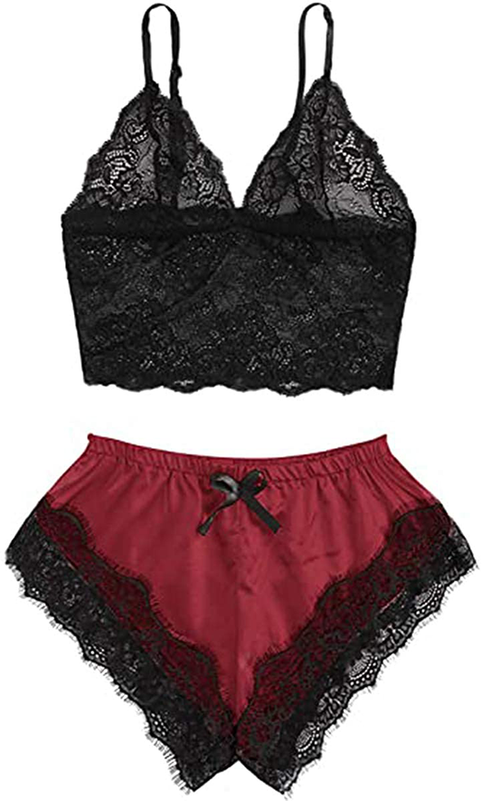 Roselux Women Sexy Lace Lingerie Pajama Set Lace Cami Top with Panties Sleepwear 2 Piece Outfits Nightwear Apparel & Accessories > Clothing > Sleepwear & Loungewear Kylie Max   
