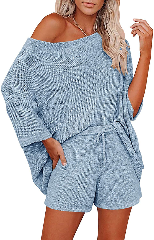 Ermonn Womens 2 Piece Outfits Sweater Sets off Shoulder Knit Tops Waist Short Suits Casual Pajama Set Apparel & Accessories > Clothing > Sleepwear & Loungewear Kylie Max   