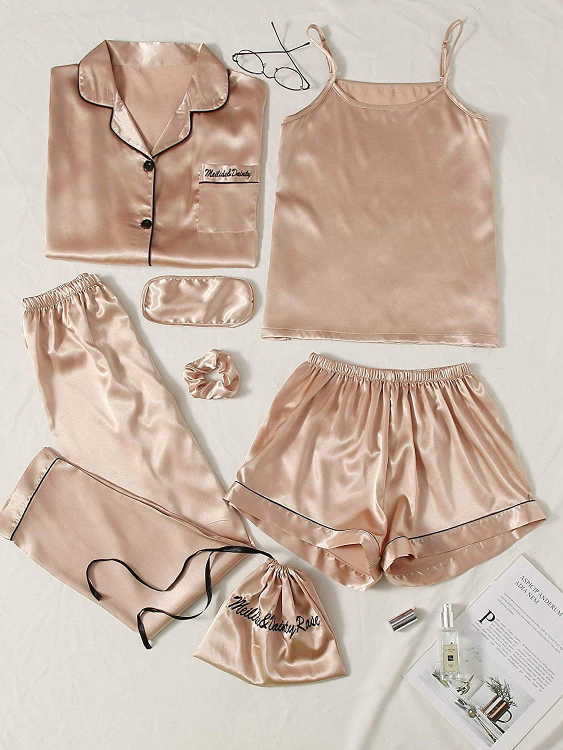 DIDK Women'S Satin 7Pcs Pajama Set Cami Pjs with Shirt and Eye Mask Sleepwear Apparel & Accessories > Clothing > Sleepwear & Loungewear Kylie Max   
