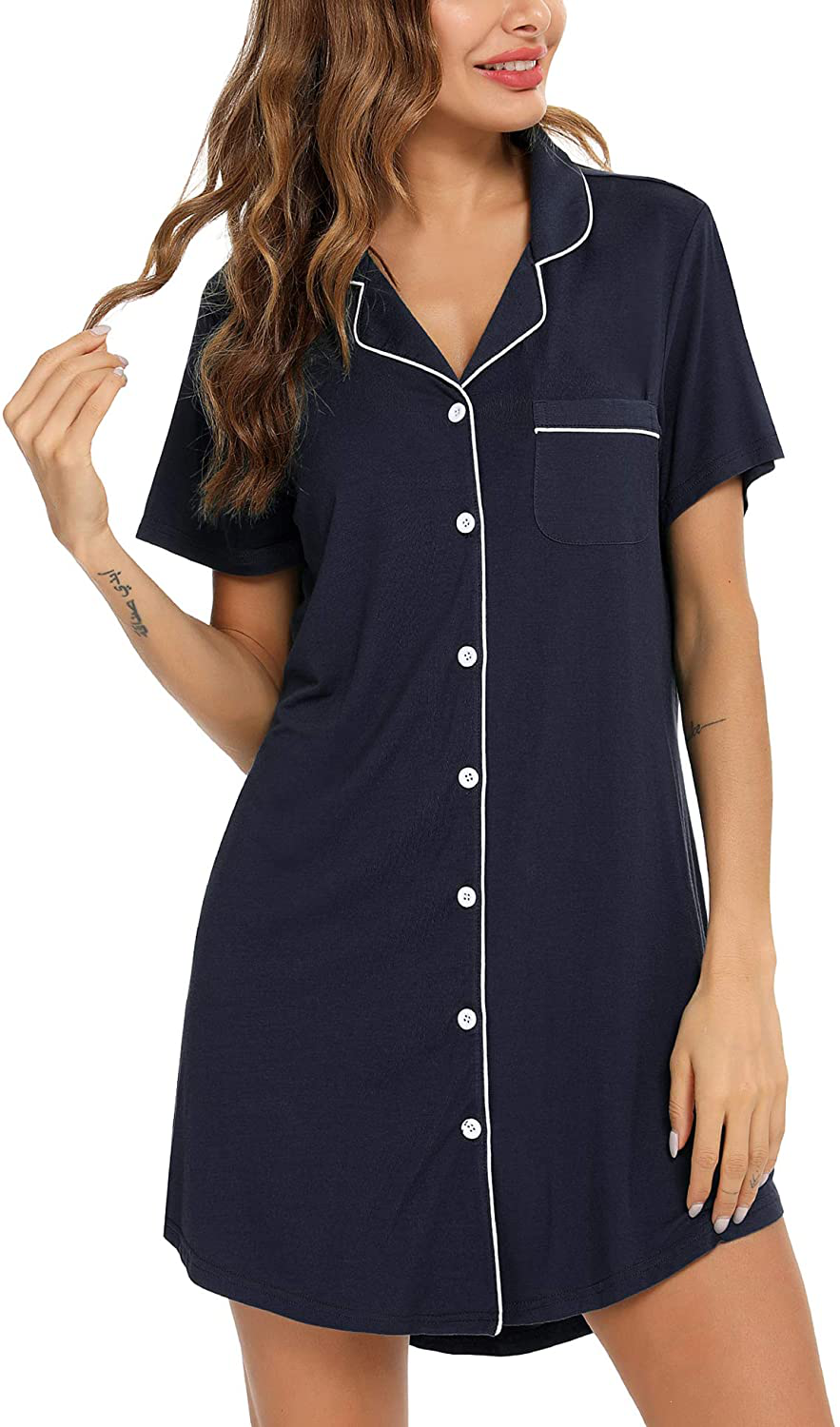 Samring Nightgown for Women Sleep Shirt Short Long Sleeve Sleepwear Boyfriend Nightshirt Button down Pajama Dress S-XXL Apparel & Accessories > Clothing > Sleepwear & Loungewear > Nightgowns Kylie Max   