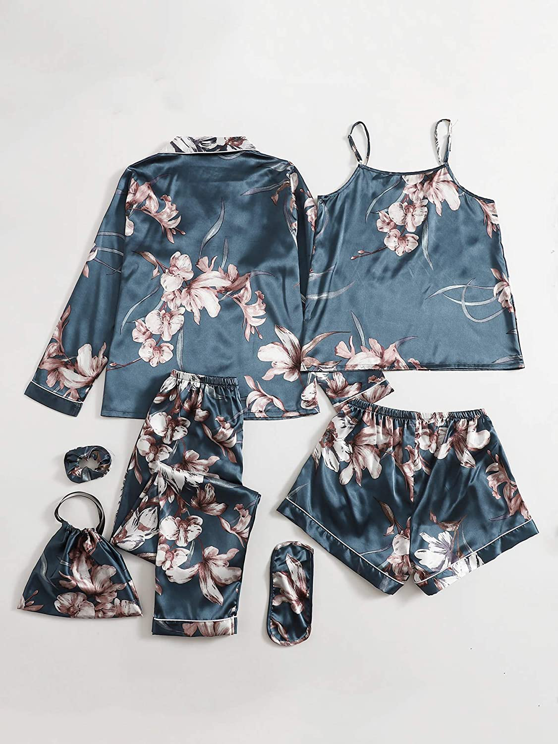 DIDK Women'S Satin 7Pcs Pajama Set Cami Pjs with Shirt and Eye Mask Sleepwear Apparel & Accessories > Clothing > Sleepwear & Loungewear Kylie Max   