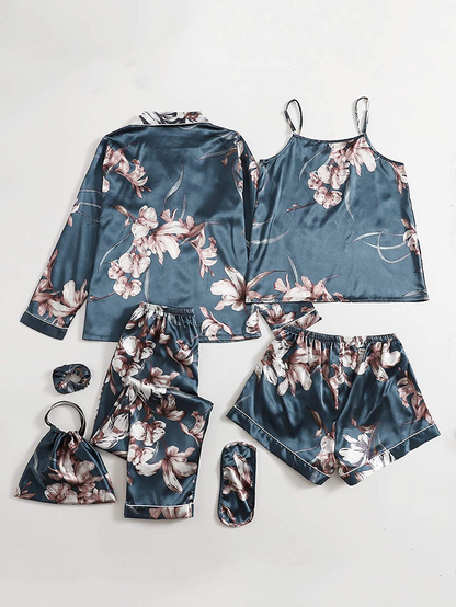 DIDK Women'S Satin 7Pcs Pajama Set Cami Pjs with Shirt and Eye Mask Sleepwear Apparel & Accessories > Clothing > Sleepwear & Loungewear Kylie Max   