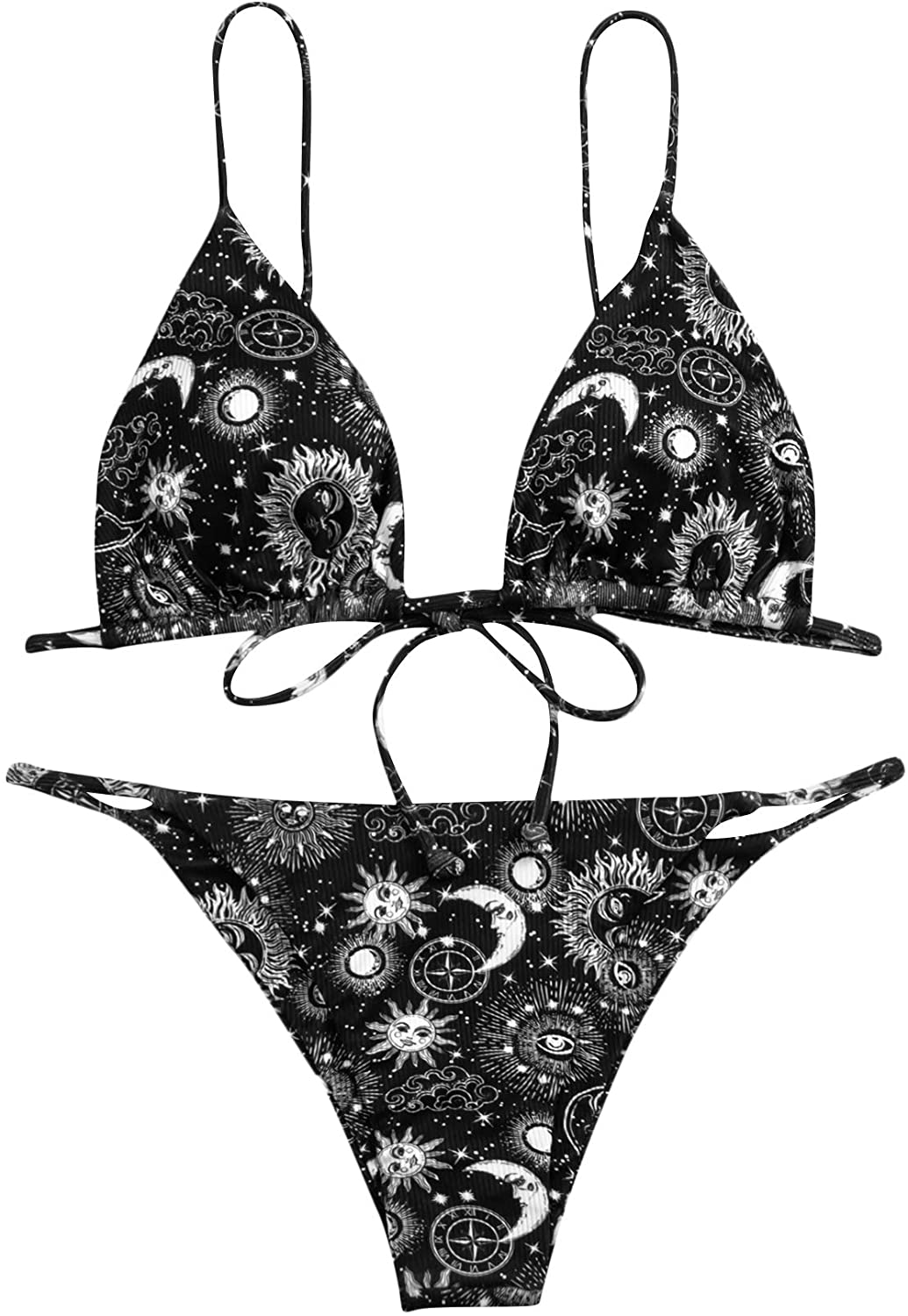 SOLY HUX Women's Print Tie Back Triangle Bikini Bathing Suits 2 Piece Swimsuits Apparel & Accessories > Clothing > Swimwear KYLIE MAX Black Printed Large 