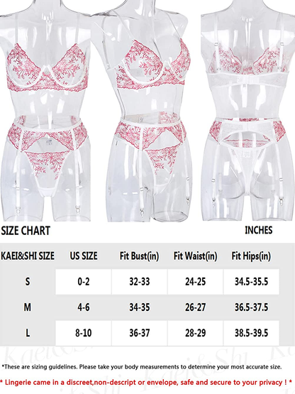 Kaei&Shi Garter Lingerie for Women,Embroidered Sexy Lingerie,Underwire Matching 3 Piece Lingerie Set Apparel & Accessories > Clothing > Underwear & Socks > Lingerie Kaei&Shi   