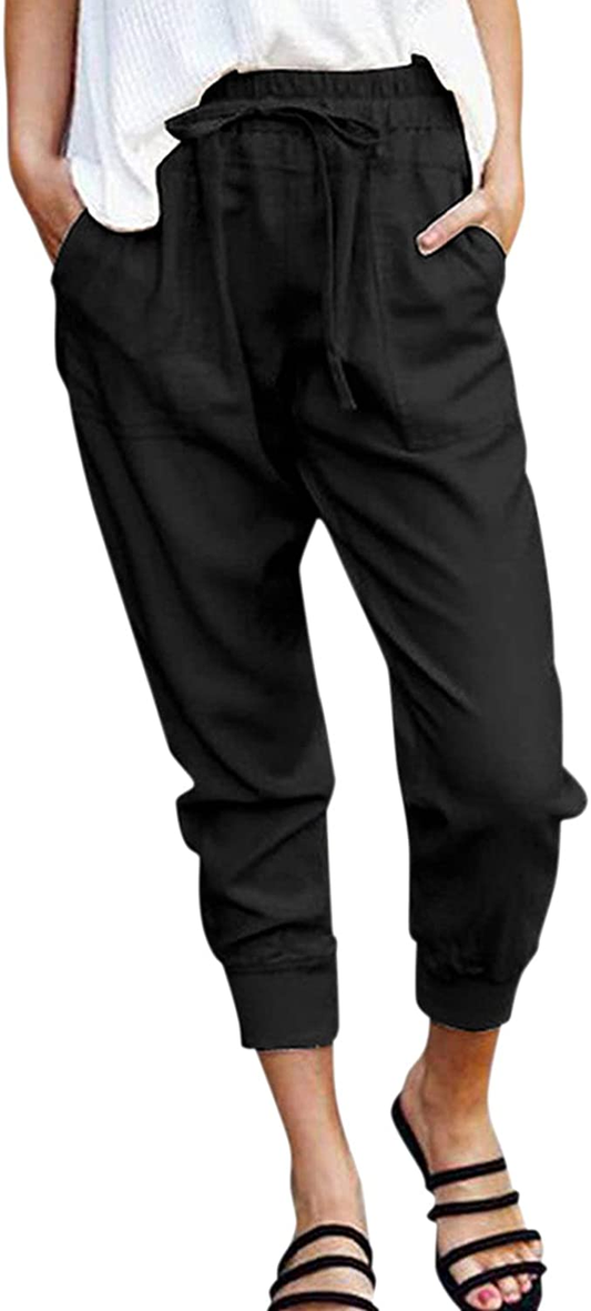 Burband Womens Cotton Elastic Waist Tactical Joggers Pants Cargo Sweatpants with Pockets Hiking Linen Yoga Lounge Trousers Apparel & Accessories > Clothing > Underwear & Socks > Shapewear Burband 1black X-Large 