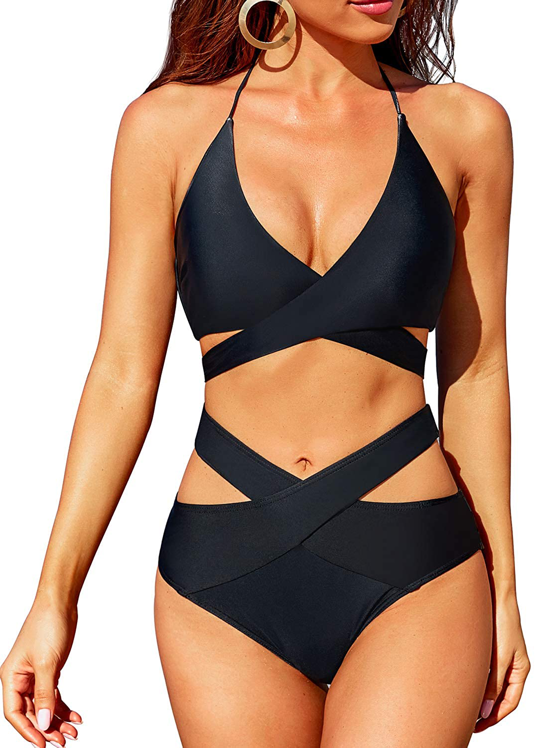 Holipick Two Piece Bikini Swimsuit for Women High Waisted Criss Cross Halter Wrap Bathing Suits with Bikini Bottom  Kylie Max   