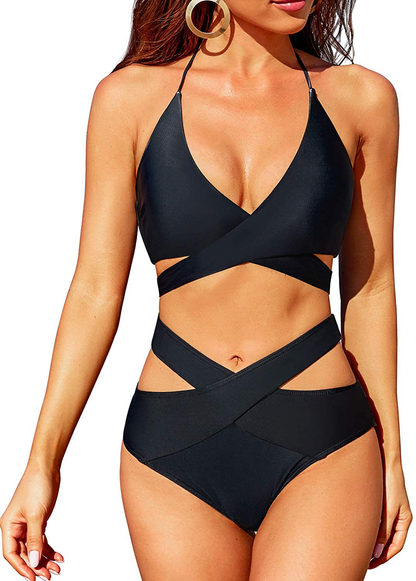 Holipick Two Piece Bikini Swimsuit for Women High Waisted Criss Cross Halter Wrap Bathing Suits with Bikini Bottom  Kylie Max   
