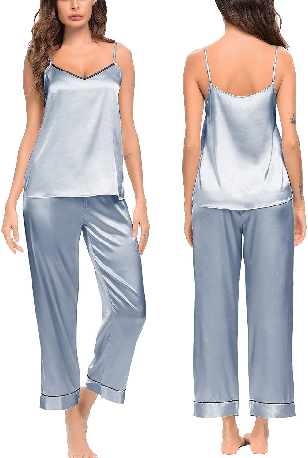 SWOMOG Womens Silk Satin Pajamas Set Two-Piece Pj Sets Cami Top and Capris Pants Sleepwear Apparel & Accessories > Clothing > Sleepwear & Loungewear Kylie Max   