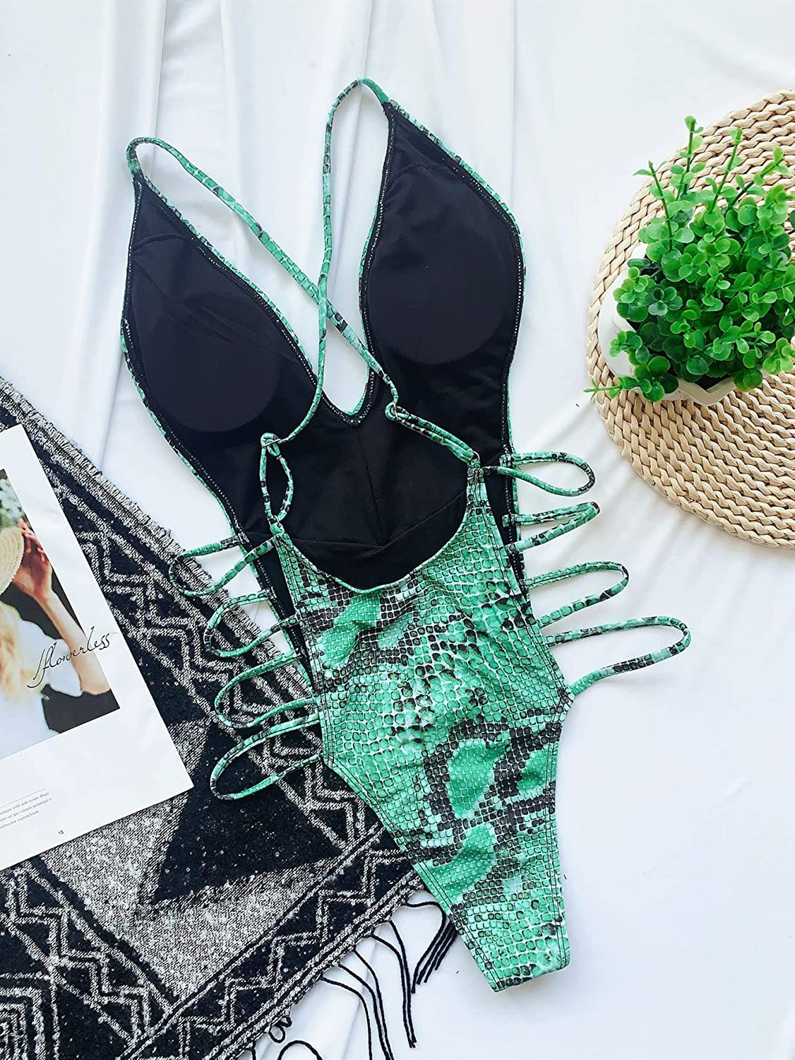 Shein Women'S Snakeskin Bathing Suit One Piece Swimsuit Strappy Bikini Swimwear Apparel & Accessories > Clothing > Swimwear Kylie Max   