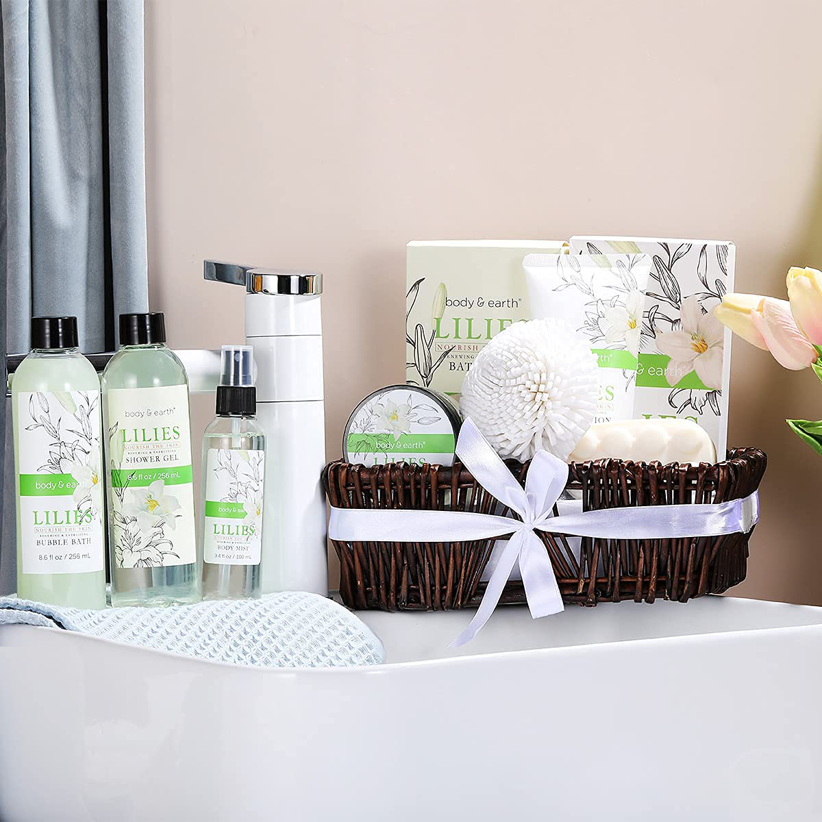 Gift Baskets for Women, Body & Earth Spa Basket Gifts for Women, Lily 10pc Spa Kit Gift Set with Bubble Bath, Shower Gel, Body Scrub, Body Lotion, Bath Salt, Birthday Gifts for Women Arts & Entertainment > Party & Celebration > Gift Giving BODY & EARTH   