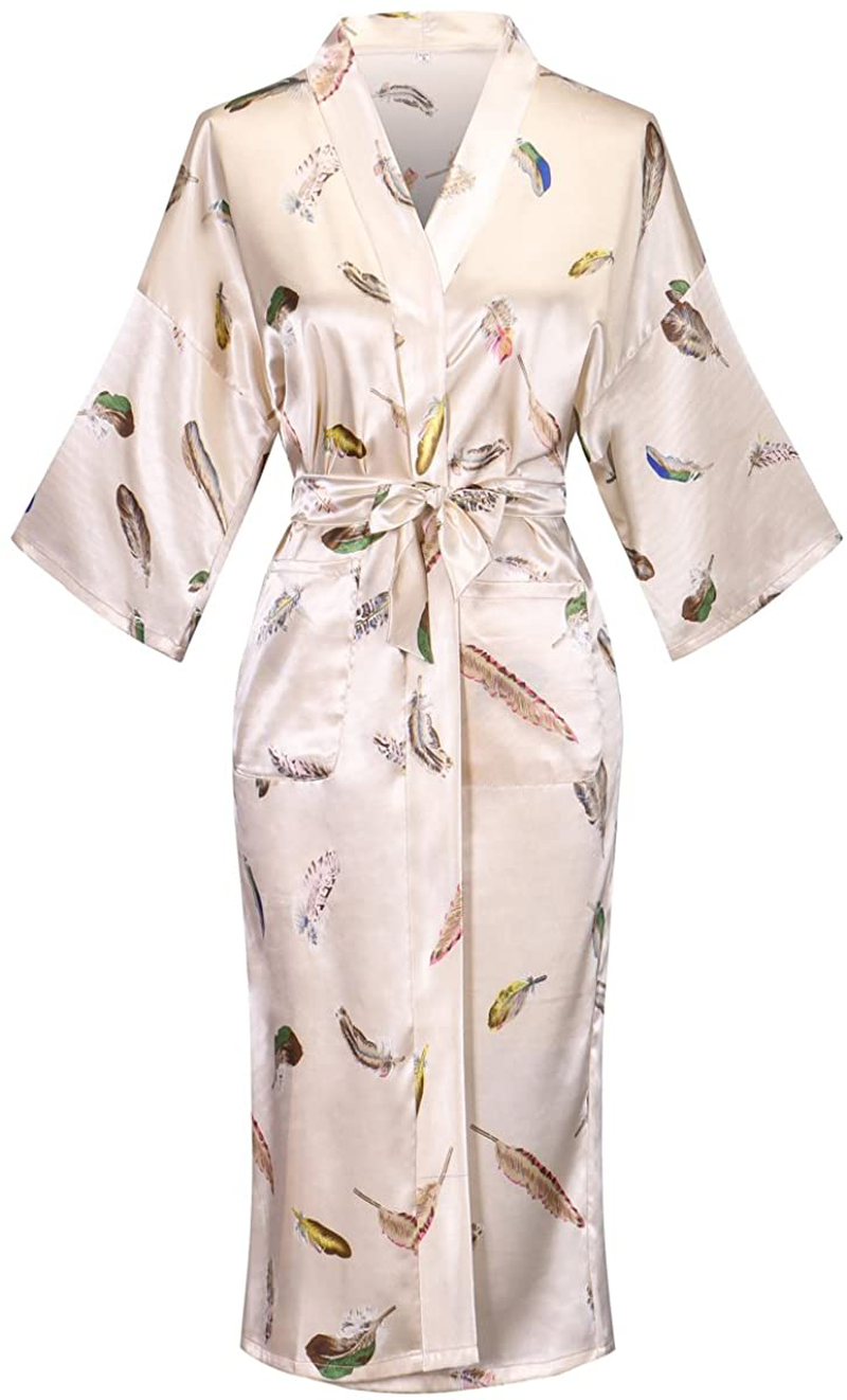 Dandychic Women'S Kimono Robes Lightweight Imitation Silk Sleepwear Long Lightweight Nightgown for Women Apparel & Accessories > Clothing > Sleepwear & Loungewear > Robes DandyChic Khaki Feather Small 