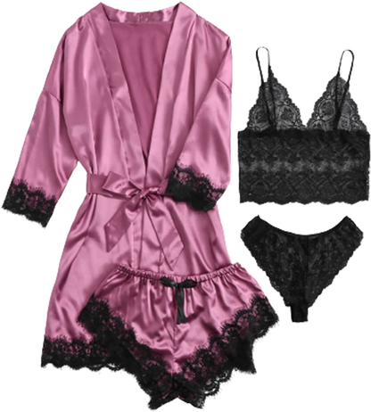 WDIRARA Women'S 4 Pieces Satin Floral Lace Cami Top Lingerie Pajama Set with Robe Apparel & Accessories > Clothing > Underwear & Socks > Lingerie WDIRARA Black and Pink Large 