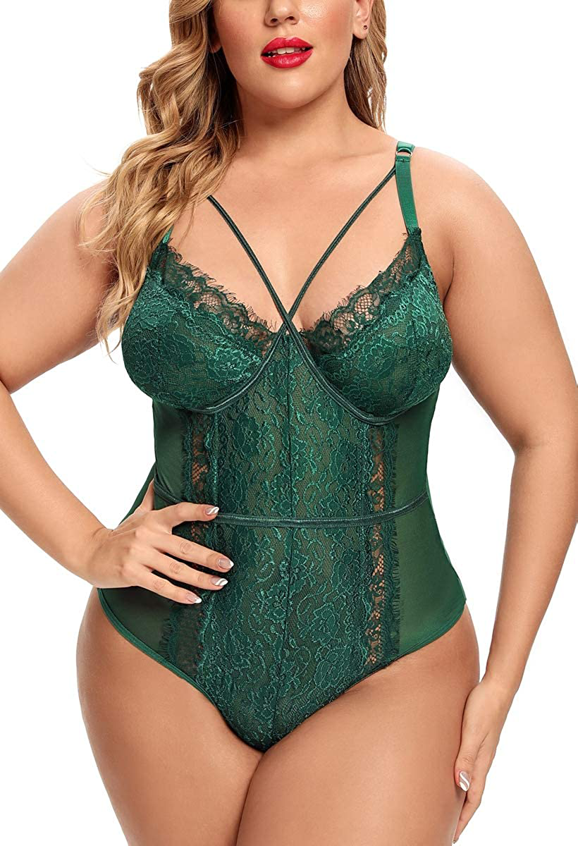 Plus Size Lingerie for Women Sexy Eyelash Lace Bodysuit Naughty Mesh One Piece Teddy Outfits Apparel & Accessories > Clothing > Underwear & Socks > Lingerie Ella Lust   
