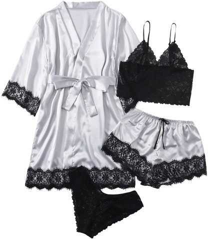 WDIRARA Women'S 4 Pieces Satin Floral Lace Cami Top Lingerie Pajama Set with Robe Apparel & Accessories > Clothing > Underwear & Socks > Lingerie WDIRARA Silver Black Small 