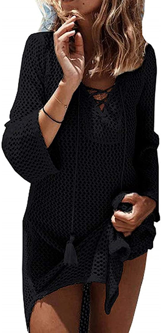 Wander Agio Beach Swimsuit for Women Sleeve Coverups Bikini Cover up Lace-Up Net Apparel & Accessories > Clothing > Swimwear Kylie Max   