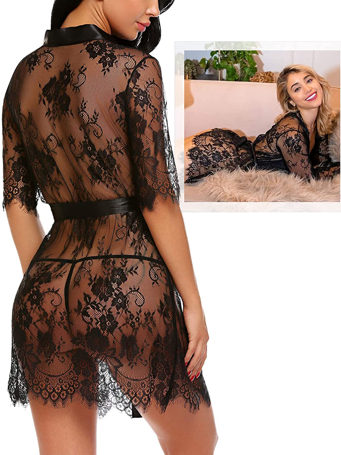 Avidlove Women Kimono Robe Floral Lace Babydoll Lingerie Sheer Mesh Nightgown Apparel & Accessories > Clothing > Underwear & Socks > Lingerie Kylie Max   
