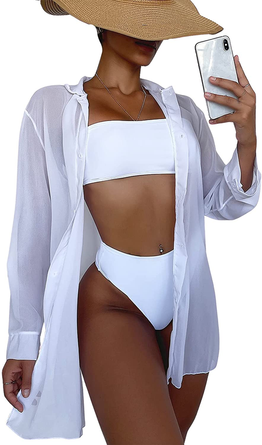 Shein Women'S Open Front Kimono Cardigans Button down Shirt Long Sleeve Bikini Cover Up Apparel & Accessories > Clothing > Swimwear Kylie Max   