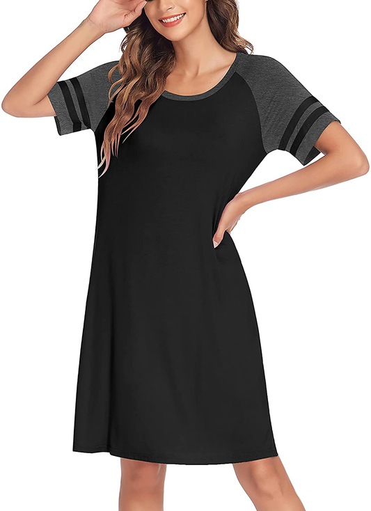 Hotouch Nightshirts Womens Nightgowns Raglan Striped Short Sleeve Sleepwear Comfy Sleepshirt S-XXL Apparel & Accessories > Clothing > Sleepwear & Loungewear > Nightgowns Kylie Max   