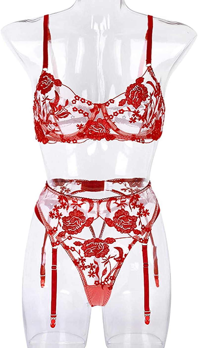 Kaei&Shi Garter Lingerie for Women,Embroidered Underwire Sexy Lingerie, High Waisted 3 Piece Lingerie Set Apparel & Accessories > Clothing > Underwear & Socks > Lingerie Kaei&Shi   